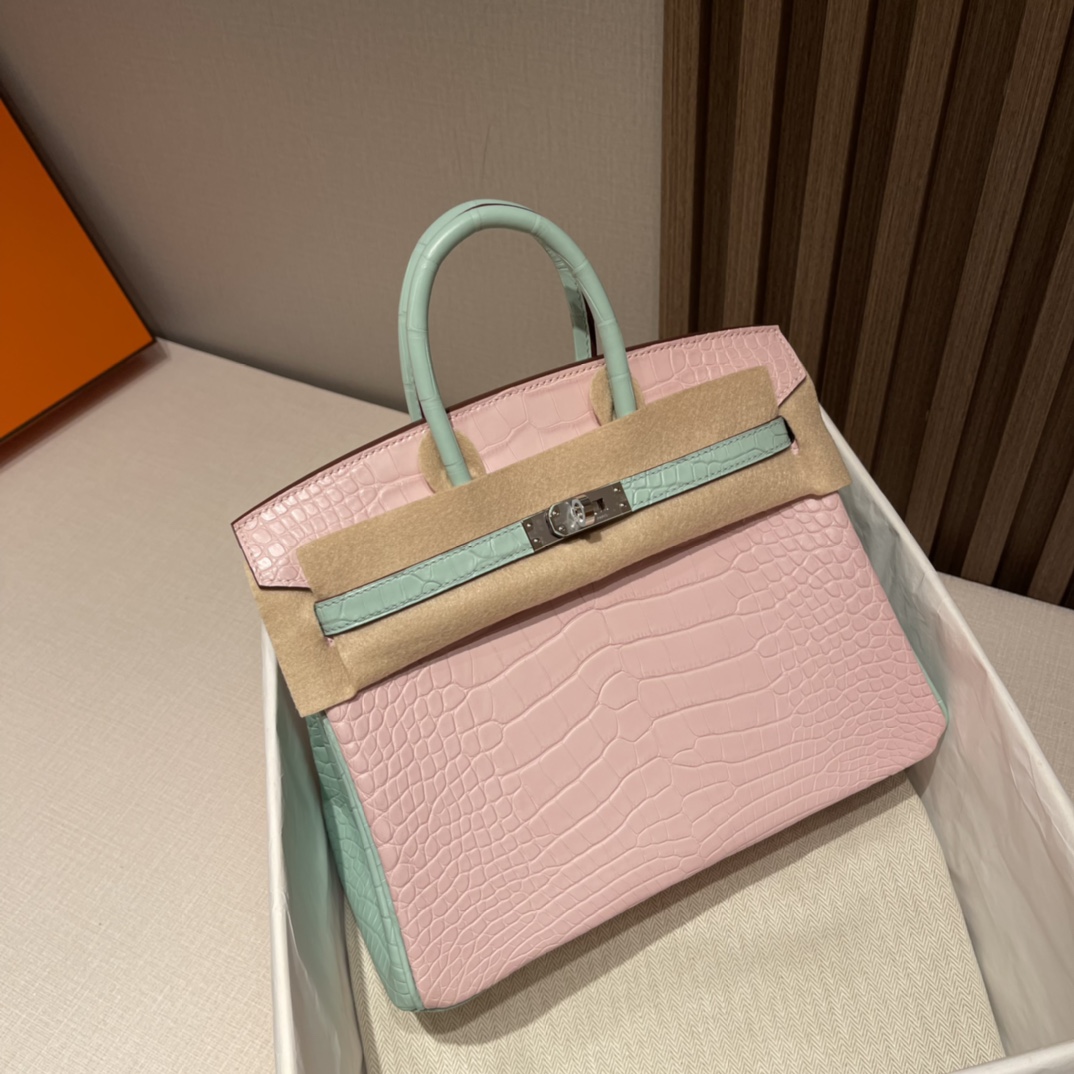 에르메스 버킨백25 핑크 민트그린 은장 악어가죽